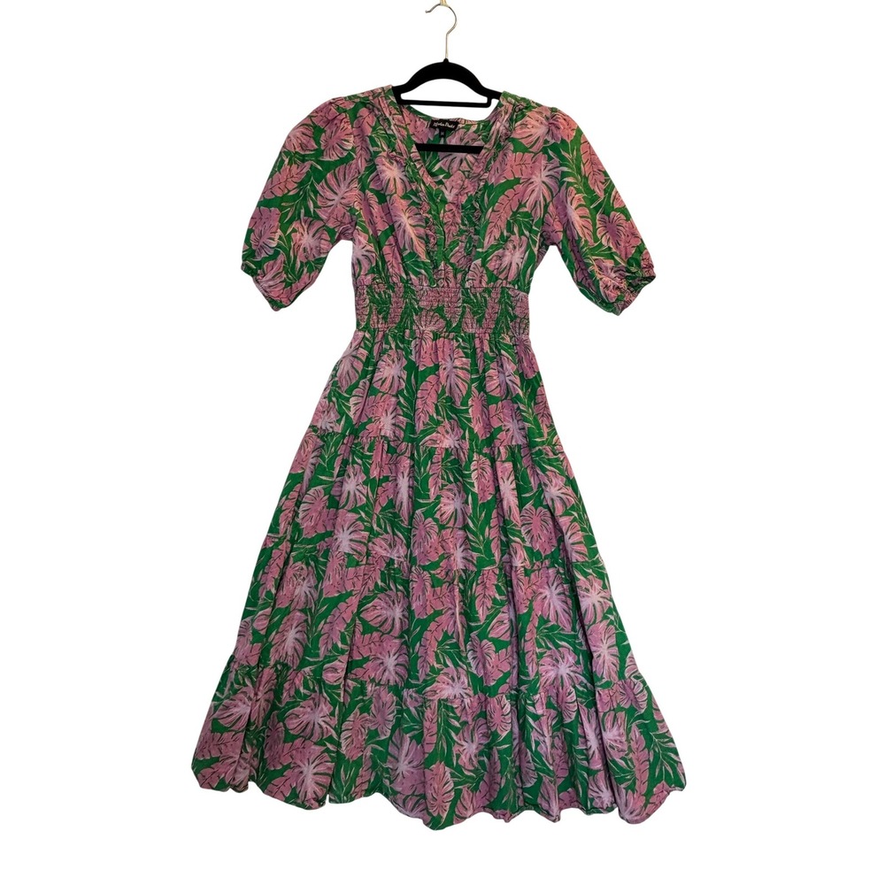 Meadow Rhodes Tropical Palm Midi Dress Medium Pink Green Smocked Tiered Boho